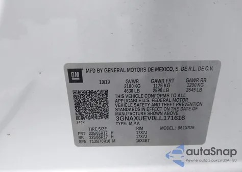 2020 Chevrolet Equinox Awd Lt 1.5L Turbo from USA, damaged, VIN 3GNAXUEV0LL171616